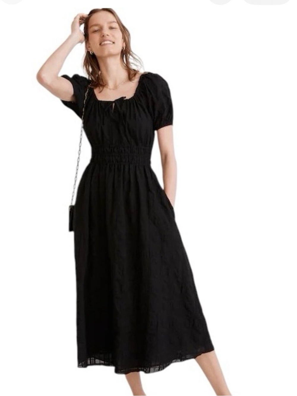Madewell Sophia Black Puff-Sleeve Smocked-Waist Midi Dress in Seersucker